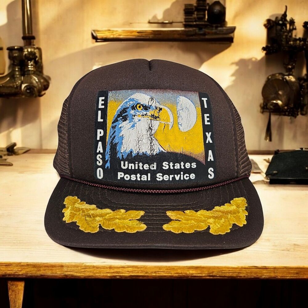 Vtg USPS Snapback Trucker Hat El Paso Texas Scrambled Eggs Bald Eagle Mesh Brown
